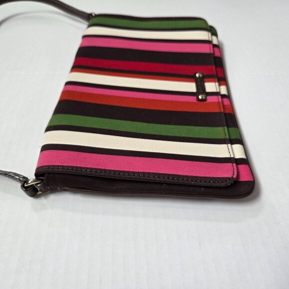 Kate Spade Rainbow Stripe Canvas Flap & Brown Leather Shoulder Bag Preppy Y2K - Picture 4 of 12